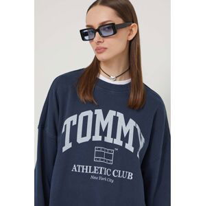 Bavlněná mikina Tommy Jeans dámská, tmavomodrá barva, s potiskem, DW0DW18144