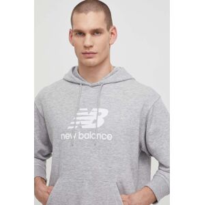 Mikina New Balance pánská, šedá barva, s kapucí, s potiskem