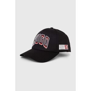 Bavlněná baseballová čepice HUGO černá barva, s potiskem, 50513381