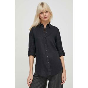 Lněná košile Lauren Ralph Lauren černá barva, regular, s klasickým límcem, 200782777