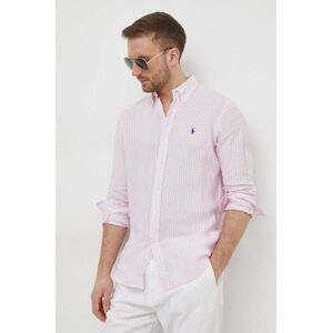 Lněná košile Polo Ralph Lauren růžová barva, regular, s límečkem button-down