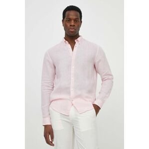 Lněná košile BOSS růžová barva, regular, s límečkem button-down, 50513849