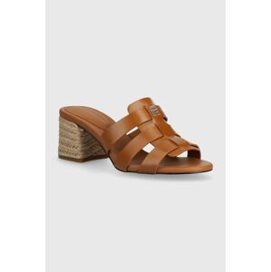 Kožené pantofle Tommy Hilfiger BLOCK MID HEEL LEATHER SANDAL dámské, hnědá barva, na podpatku, FW0FW08049