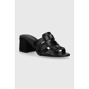 Kožené pantofle Tommy Hilfiger BLOCK MID HEEL LEATHER SANDAL dámské, černá barva, na podpatku, FW0FW08049