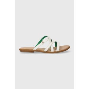 Kožené pantofle Tommy Hilfiger TH STRAP FLAT SANDAL dámské, béžová barva, FW0FW08067