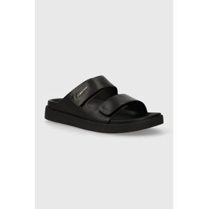 Kožené pantofle Calvin Klein FLAT ADJ SLIDE CALVIN MTL LTH dámské, černá barva, HW0HW01954