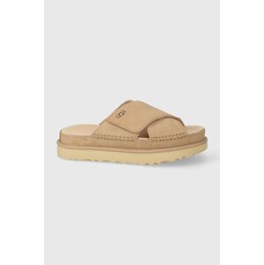 Semišové pantofle UGG Goldenstar Cross Slide dámské, béžová barva, na platformě, 1137910