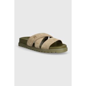 Semišové pantofle Tommy Hilfiger ELEVATED TH CRISS SUEDE SANDAL pánské, béžová barva, FM0FM05065