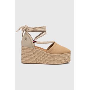 Espadrilky Tommy Hilfiger CLOSED TOE LINEN FLATFORM dámské, béžová barva, na klínku, FW0FW07746