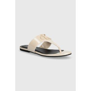 Žabky Calvin Klein Jeans FLAT SANDAL SLIDE TOEPOST MG MET dámské, béžová barva, na plochém podpatku, YW0YW01342