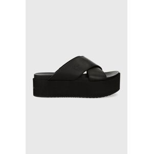 Kožené pantofle Calvin Klein Jeans FLATFORM CROSS MG UC dámské, černá barva, na platformě, YW0YW01349