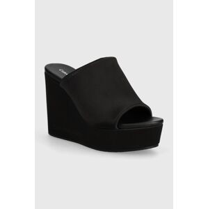 Pantofle Calvin Klein Jeans WEDGE SANDAL SAT NYL DC dámské, černá barva, na klínku, YW0YW01359