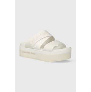 Pantofle Calvin Klein Jeans FLATFORM SANDAL WEBBING IN MR dámské, béžová barva, na platformě, YW0YW01361