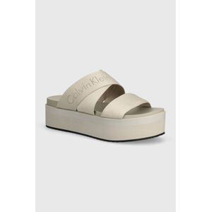 Pantofle Calvin Klein Jeans FLATFORM SANDAL WEBBING IN MR dámské, béžová barva, na platformě, YW0YW01361