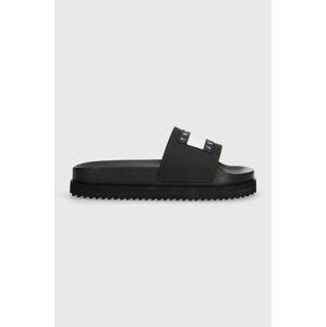 Pantofle Tommy Jeans TJW ELEVATED FLATFORM SLIDE dámské, černá barva, na platformě, EN0EN02451