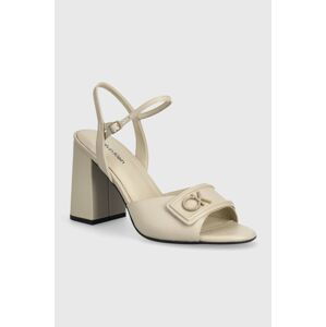 Kožené sandály Calvin Klein HEEL SANDAL 85 RELOCK LTH béžová barva, HW0HW01937