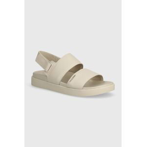 Kožené sandály Calvin Klein FLAT SANDAL CALVIN MTL LTH dámské, béžová barva, HW0HW01984