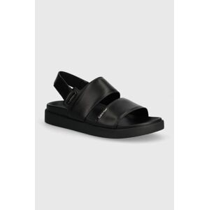 Kožené sandály Calvin Klein FLAT SANDAL CALVIN MTL LTH dámské, černá barva, HW0HW01984