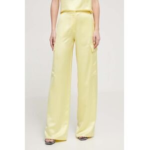 Kalhoty HUGO dámské, žlutá barva, široké, high waist