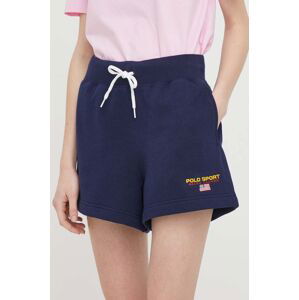 Kraťasy Polo Ralph Lauren dámské, tmavomodrá barva, melanžové, high waist