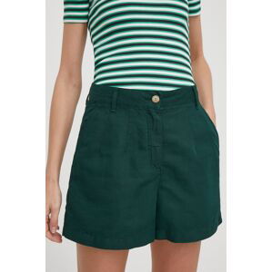 Šortky s příměsí lnu Tommy Hilfiger zelená barva, high waist, WW0WW41603