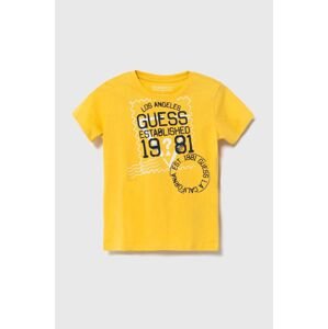 Bavlněné tričko Guess žlutá barva, s potiskem