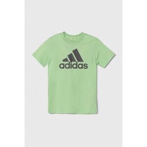 Dětské bavlněné tričko adidas zelená barva, s potiskem