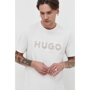 Bavlněné tričko HUGO béžová barva, s aplikací