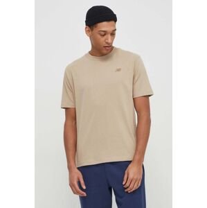 Bavlněné tričko New Balance béžová barva, s aplikací