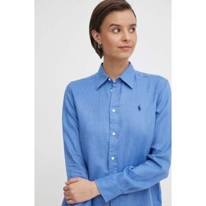 Lněná košile Polo Ralph Lauren tyrkysová barva, regular, s klasickým límcem, 211920516