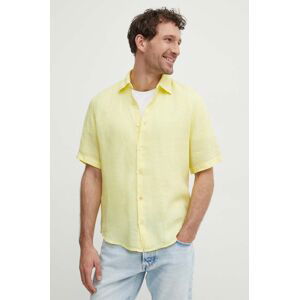 Lněná košile BOSS ORANGE žlutá barva, regular, s klasickým límcem, 50489345