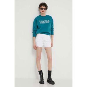 Bavlněná mikina Tommy Jeans dámská, tyrkysová barva, s aplikací, DW0DW17786