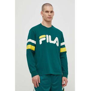Bavlněné tričko s dlouhým rukávem Fila Luohe zelená barva, s potiskem, FAM0669