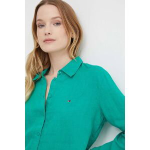 Lněná košile Tommy Hilfiger zelená barva, relaxed, s klasickým límcem, WW0WW42037