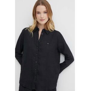 Lněná košile Tommy Hilfiger černá barva, relaxed, s klasickým límcem, WW0WW42037