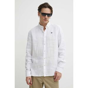 Lněná košile Timberland bílá barva, slim, s límečkem button-down, TB0A2DC31001