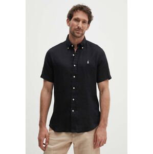 Lněná košile Polo Ralph Lauren černá barva, regular, s límečkem button-down, 710795452
