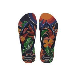 Žabky Havaianas SLIM TROPICAL dámské, tmavomodrá barva, na plochém podpatku, 4122111.4368