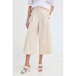 Bavlněné kalhoty Twinset béžová barva, široké, high waist