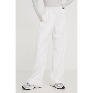Plátěné kalhoty Abercrombie & Fitch bílá barva, široké, high waist