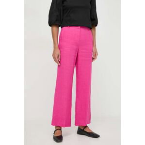 Plátěné kalhoty Weekend Max Mara růžová barva, široké, high waist, 2415131022600