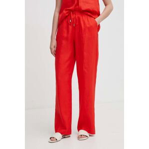 Plátěné kalhoty United Colors of Benetton červená barva, jednoduché, high waist