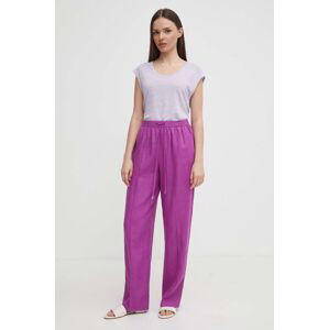 Plátěné kalhoty United Colors of Benetton fialová barva, jednoduché, high waist