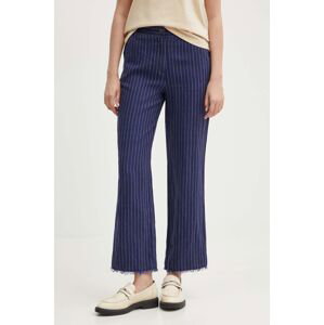 Plátěné kalhoty Sisley tmavomodrá barva, jednoduché, high waist