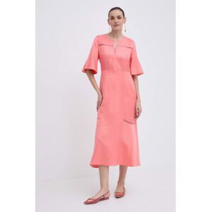 Šaty s příměsí lnu BOSS růžová barva, midi, 50512807