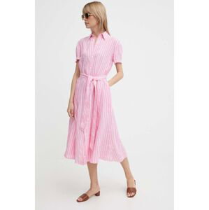 Lněné šaty Polo Ralph Lauren růžová barva, midi, 211935154