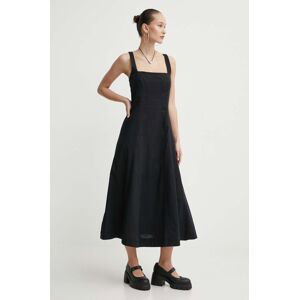 Lněné šaty Abercrombie & Fitch černá barva, midi