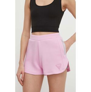 Kraťasy Guess KIARA dámské, růžová barva, s aplikací, high waist, V4GD16 FL04P