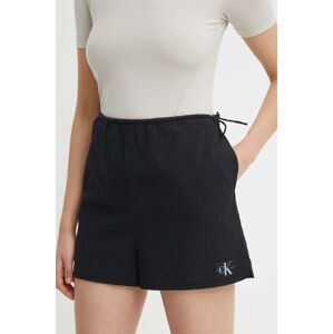 Bavlněné šortky Calvin Klein Jeans černá barva, hladké, high waist, J20J223424