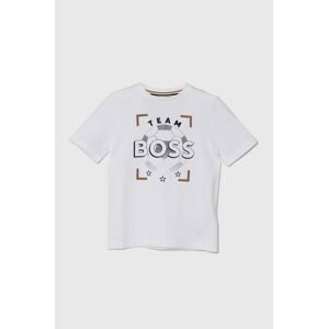 Dětské bavlněné tričko BOSS bílá barva, s potiskem, J50729